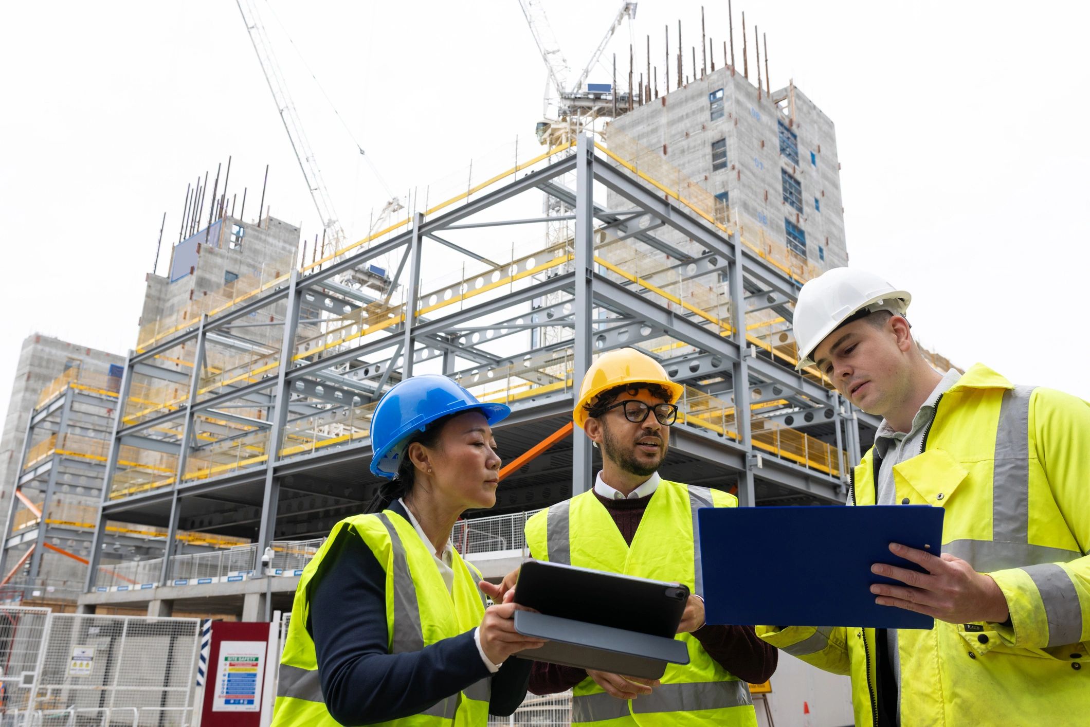 Construction team reviewing plans on site